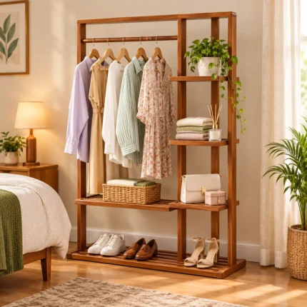1. wooden clothes rack with 5 shelves storage rack