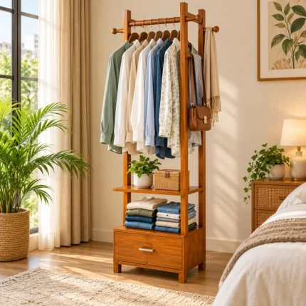 1. wooden multi layer cloth stand with side hooks & drawer