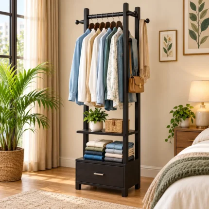 2. wooden multi layer cloth stand with side hooks & drawer
