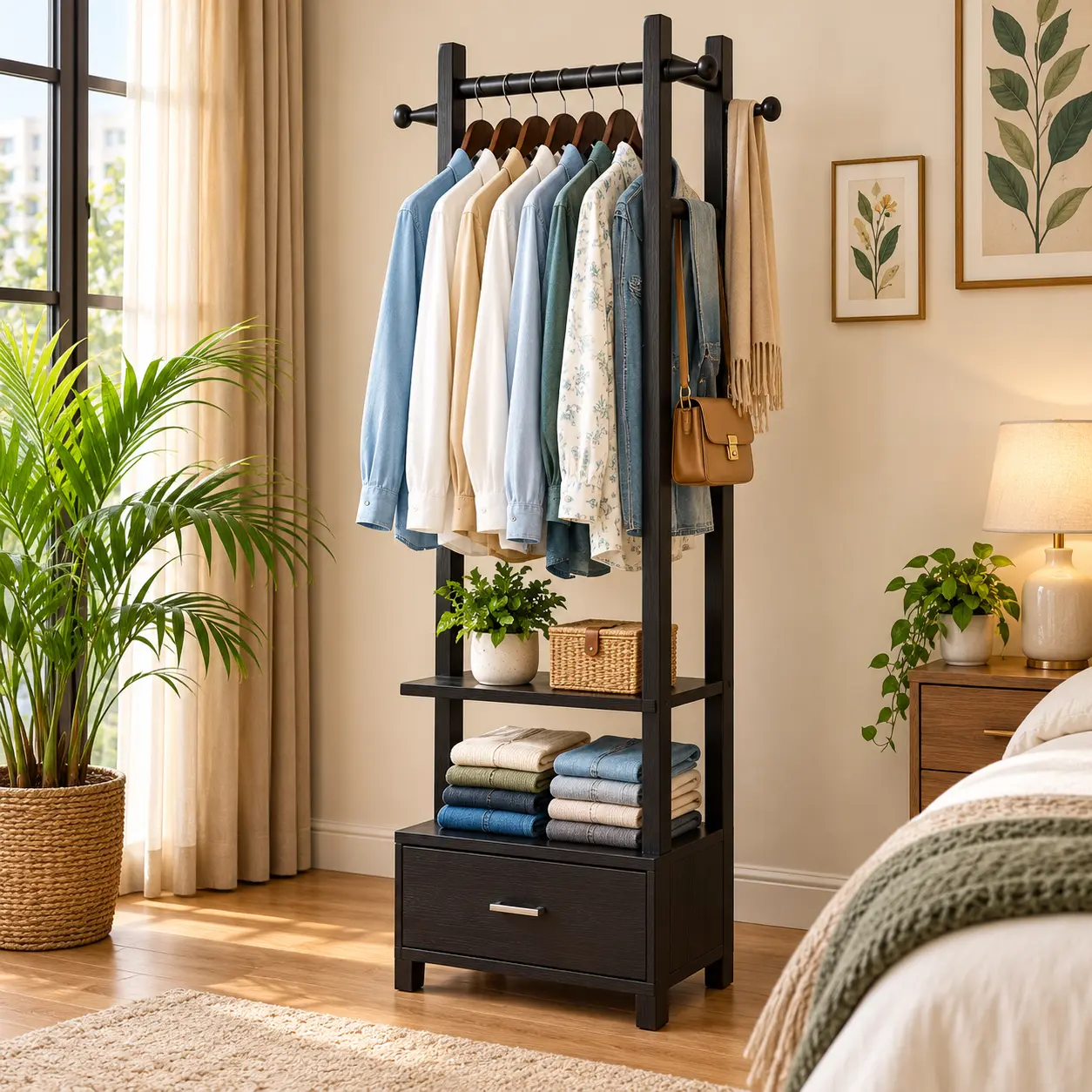 2. wooden multi layer cloth stand with side hooks & drawer 2. wooden multi layer cloth stand with side hooks & drawer