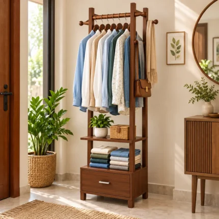 3. wooden multi layer cloth stand with side hooks & drawer