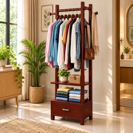 4. wooden multi layer cloth stand with side hooks & drawer