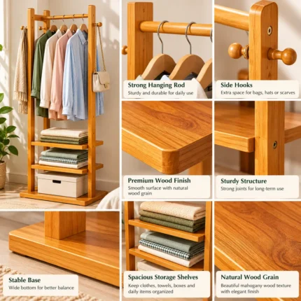 warm wood garment rack showcase