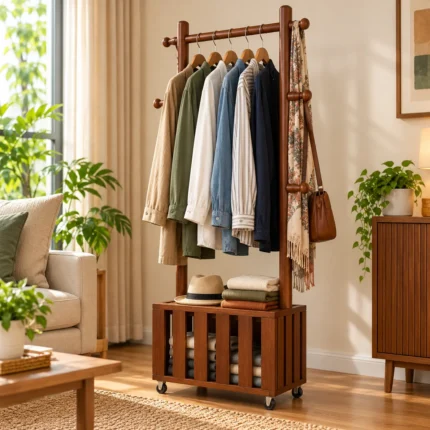wooden clothes hanger stand with wheels 3