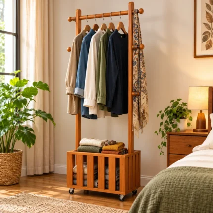 wooden clothes hanger stand with wheels 4